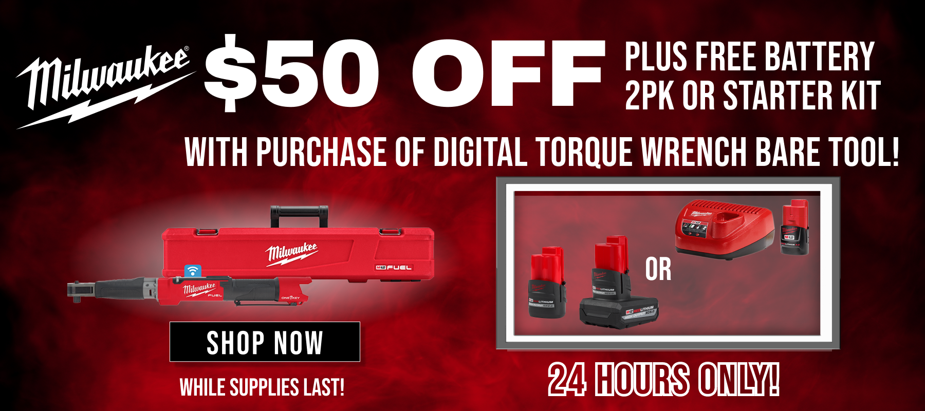 Milwaukee // $50 Off Plus Free Battery 2pk or Starter Kit with Purchase of Digital Torque Wrench Bare Tool! // 24 Hours Only! // While Supplies Last! // SHOP NOW